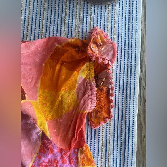 FARM RIO Patch Twirl Midi Dress Puff Sleeve Sz M Multicolor Drawstring Tie Neck - Picture 8 of 15